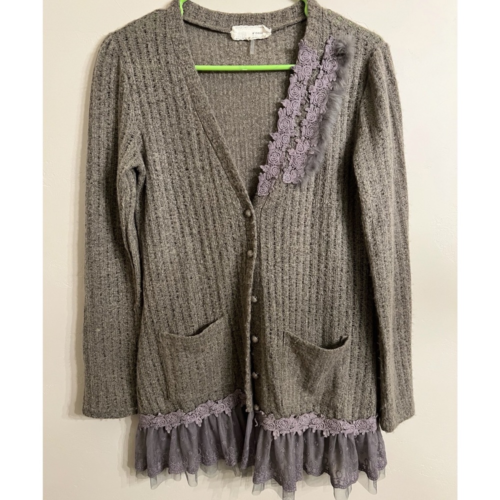 A'reve Cardigan Sweater Lace Ruffles